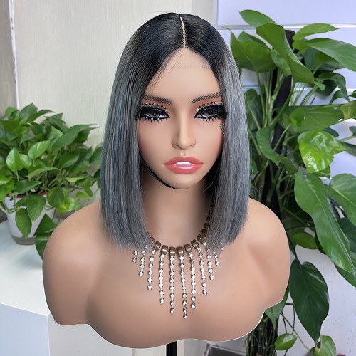 2x6 #1b/Grey Colored Straight BOB Lace Closure Virgin Human Hair Wig | Human Hair Wig | Lace Front